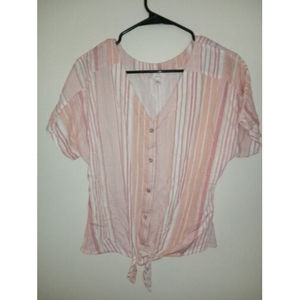 Women's Como Vintage Blouse L Bottom tie V neck Button Close Pink FREE SHIPPING